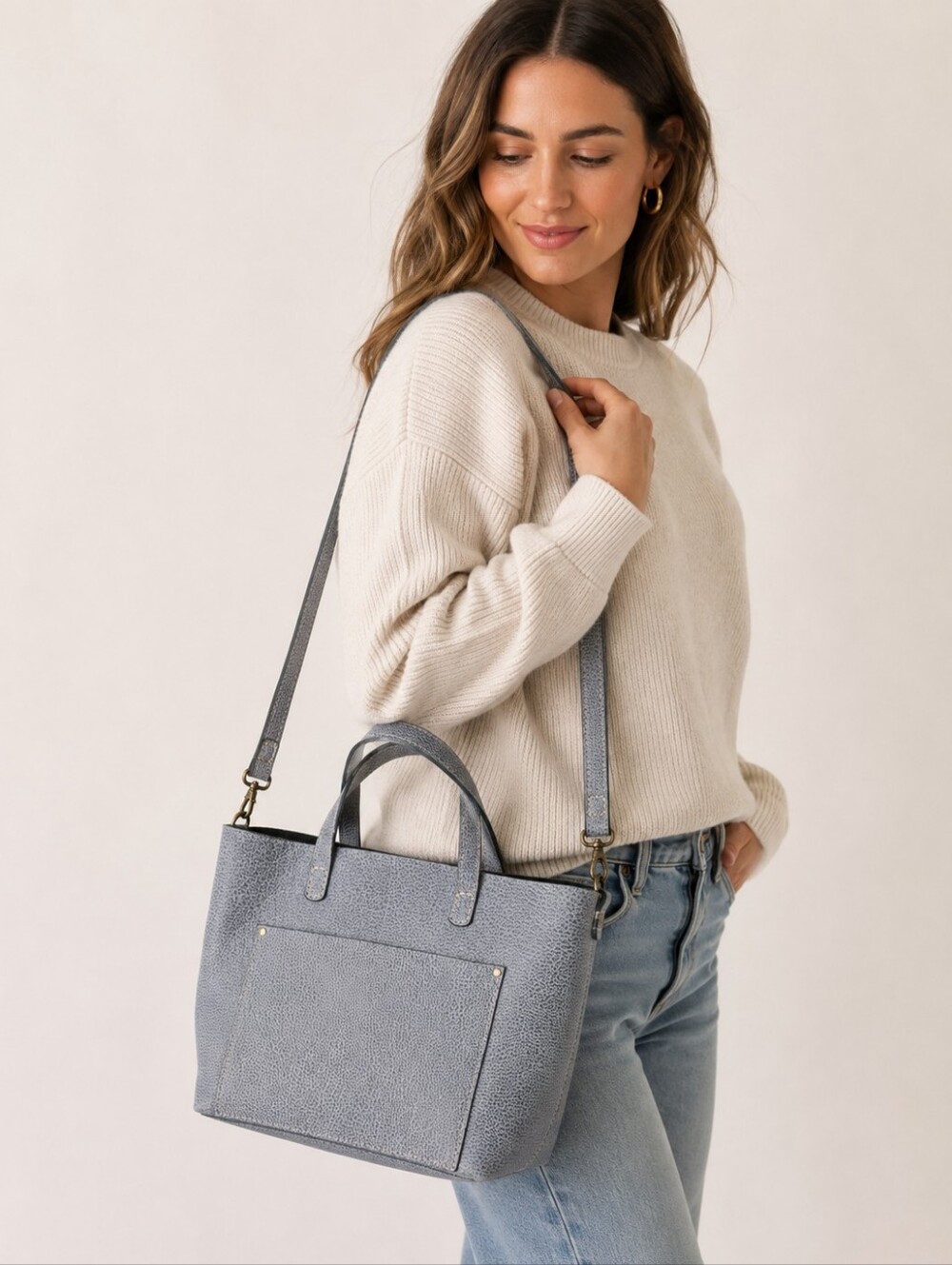 Portland Leather Goods Medium Crossbody Tote Fog Blue Gray Leather Bag